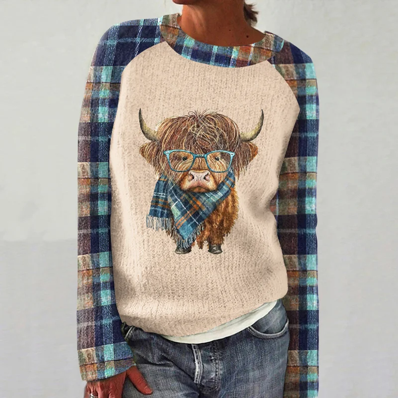 Women's Plaid Scarf Highland Cow Cozy Knit Sweater