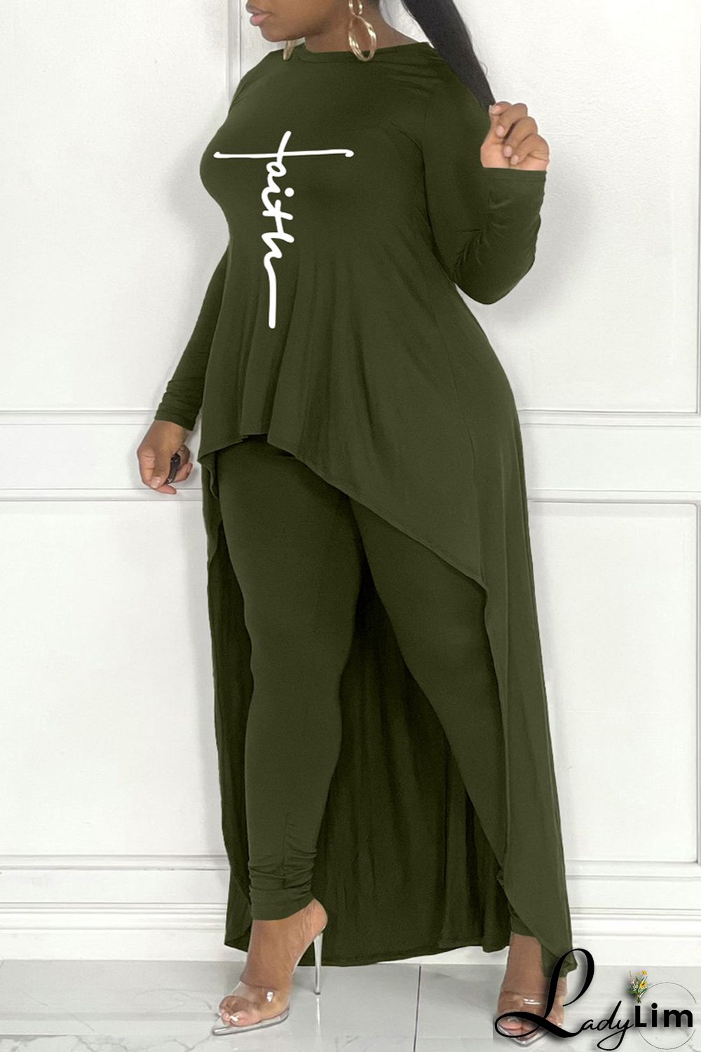 Army Green Fashion Casual Print Asymmetrical O Neck Plus Size Two Pieces