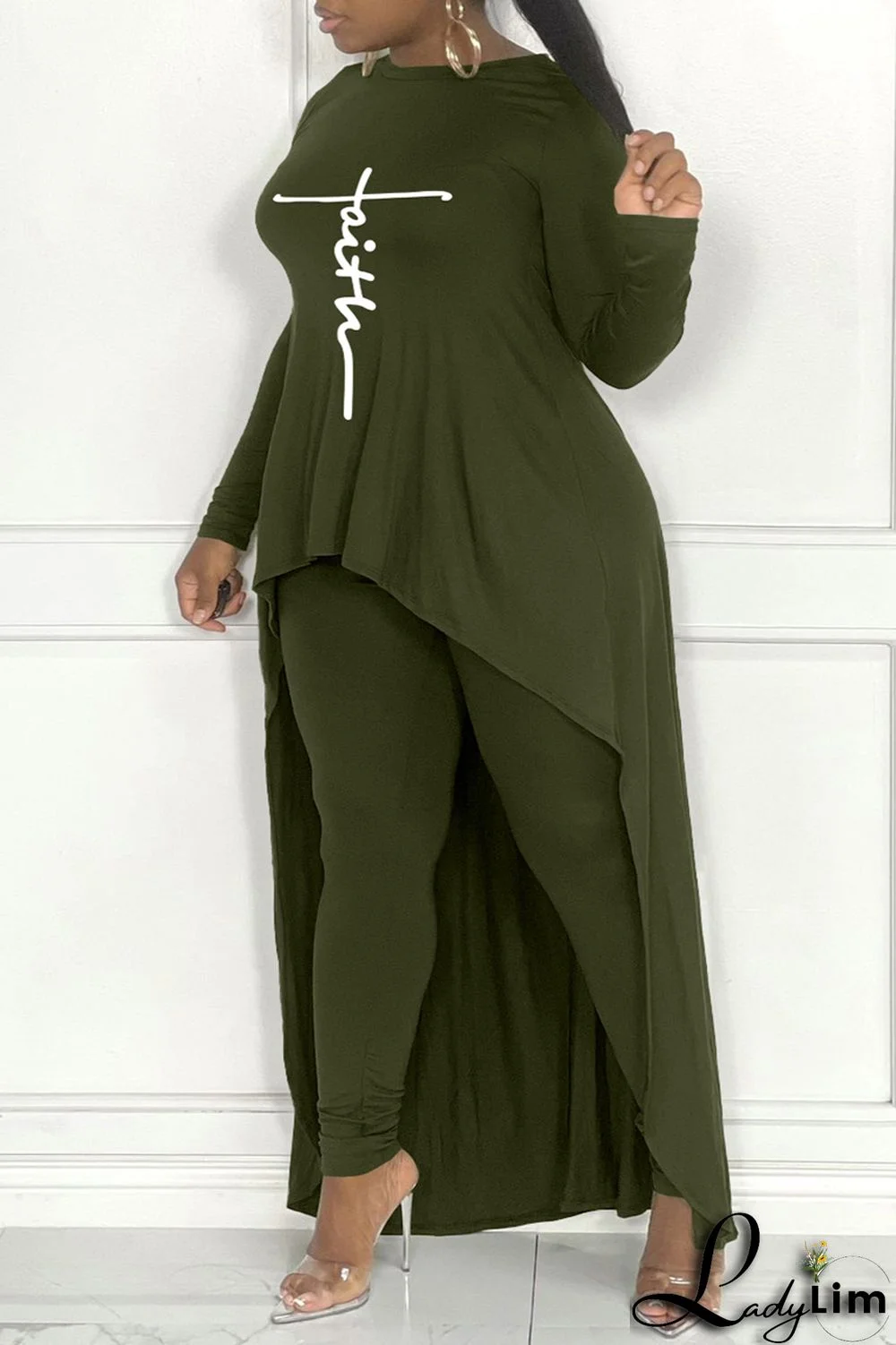 Army Green Fashion Casual Print Asymmetrical O Neck Plus Size Two Pieces