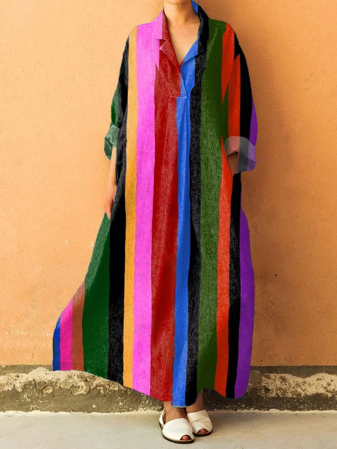 Women's Vintage  Rainbow Stripes Art Print V-Neck Pocket Cotton Dress