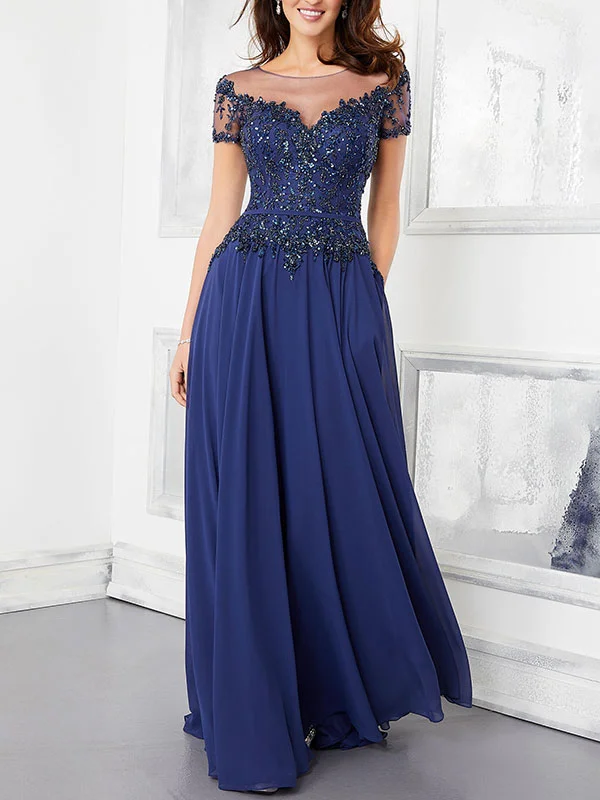 A-Line Evening Gown with Crystal Beading on Lace Bodice with Chiffon Dress