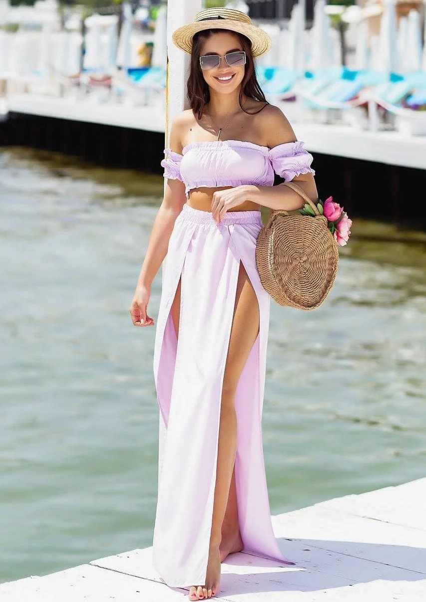 Women Mesh Sheer Bikini Cover-ups Set See-through Long Sleeve Crop Tops and Cover Up Skirts Two Piece Swimwear Beach Dresses