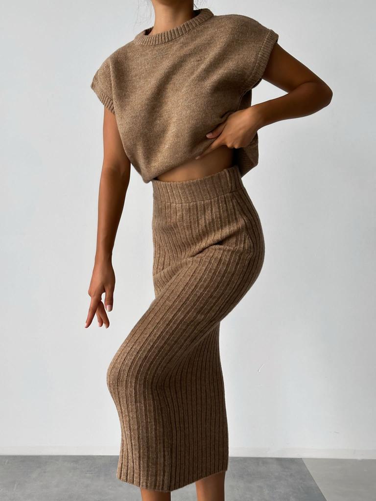 Ootddress Knit Sweater 2 Piece-Set Women Loose Ribbed Sleeveless Pullover And High Waist Long Skirt Outfits Knitwear Women's Sets