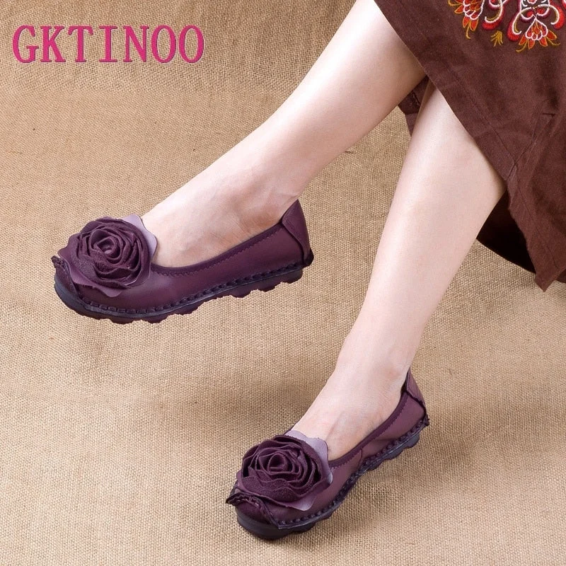 GKTINOO Fashion Flower Design Round Toe Solid Color Flat Shoes Vintage Genuine Leather Women Flats Handmade Women's shoes