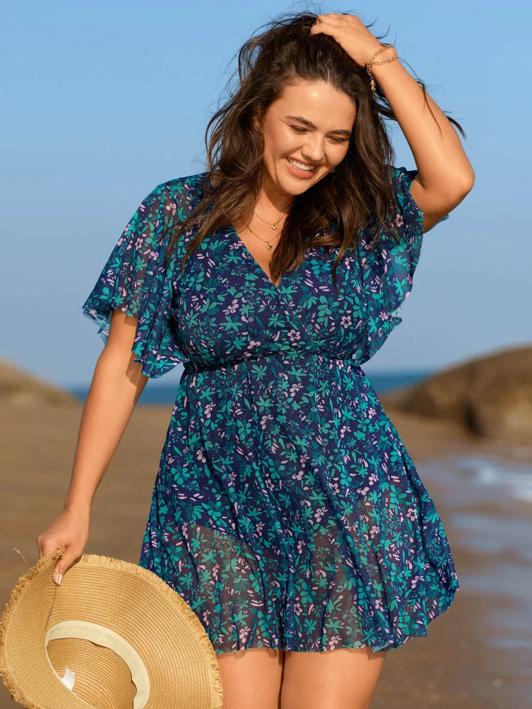 Colorful Sheer Floral Print Swim Dress