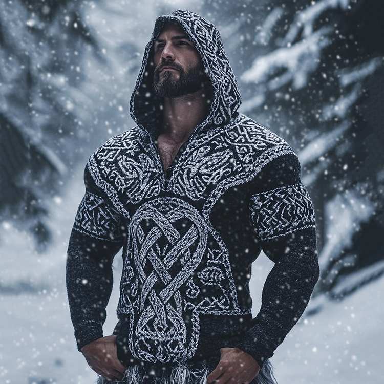 VChics Men's Viking Tribal Warmth Jacquard Celtic Inspired Chunky Knit Hooded Sweater