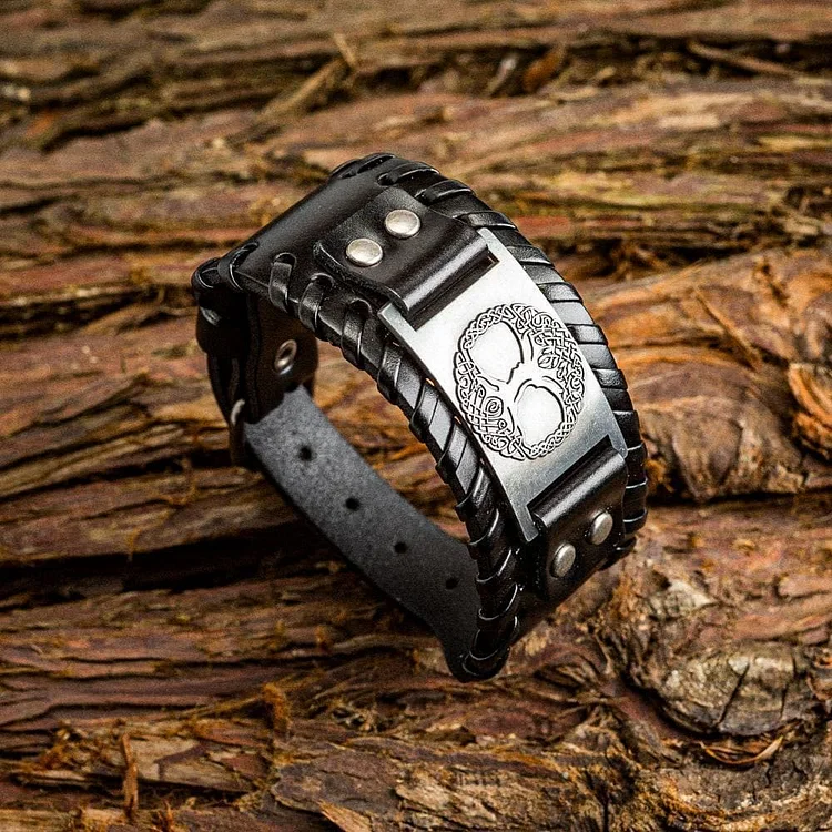 Coutureaura Genuine Leather Buckle Arm Cuff Yggdrasil Metal Bracelet