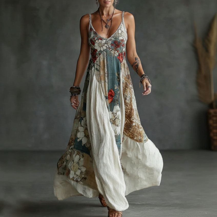 Comstylish Women's Retro Floral Art Print Cotton Linen Camisole Dress