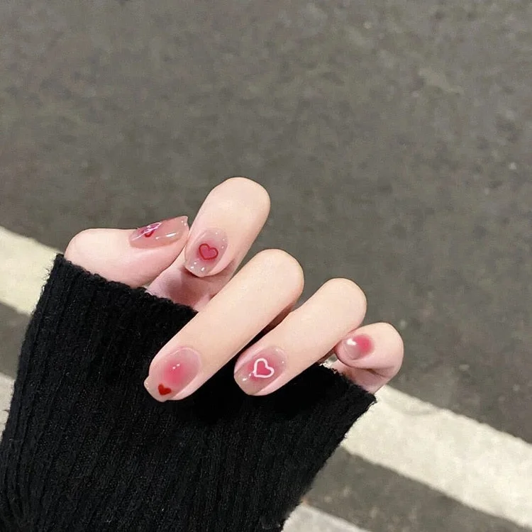 24pcs False press-on nails with a pattern Peach heart wear finished tablet nail art  removable Manicure beautiful false nails-Nail Inspo