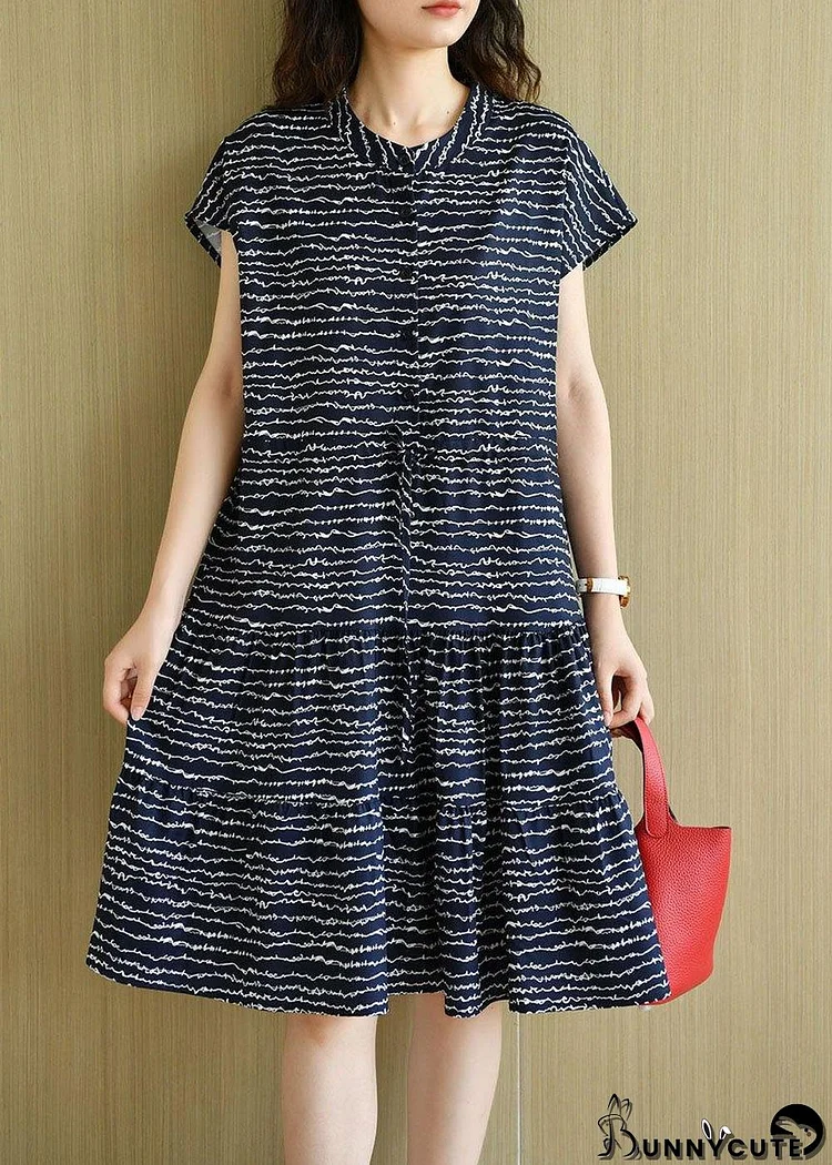 Organic Navy O-Neck Button Print Summer Short Sleeve Dress