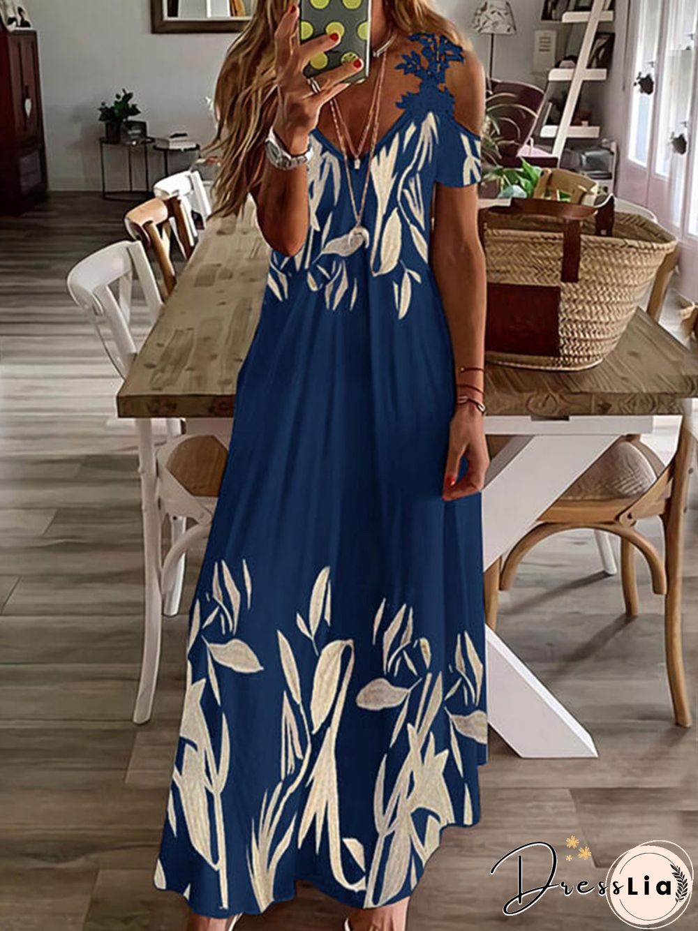 Regular Fit Floral V Neck Long sleeve Knit Dress