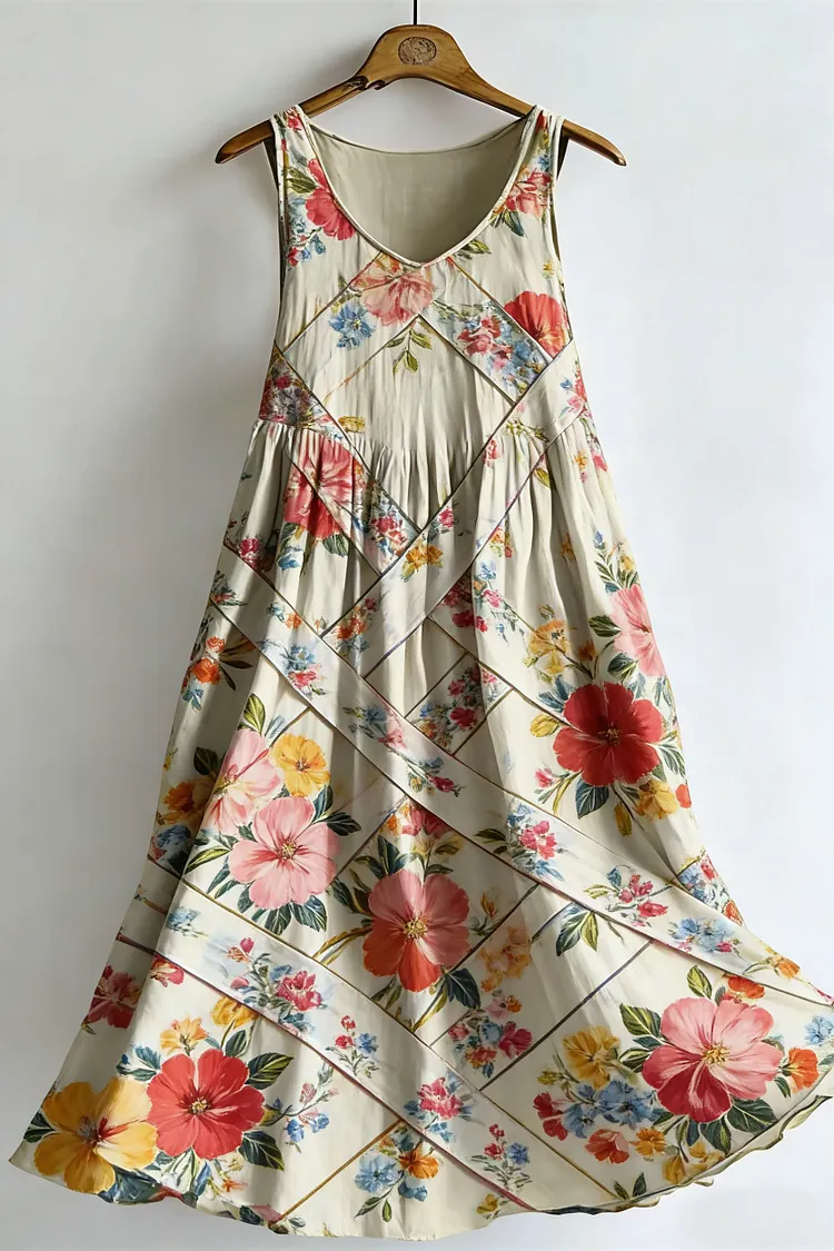 Women's Vintage Floral Colorblock Spaghetti Strap Cotton Dress
