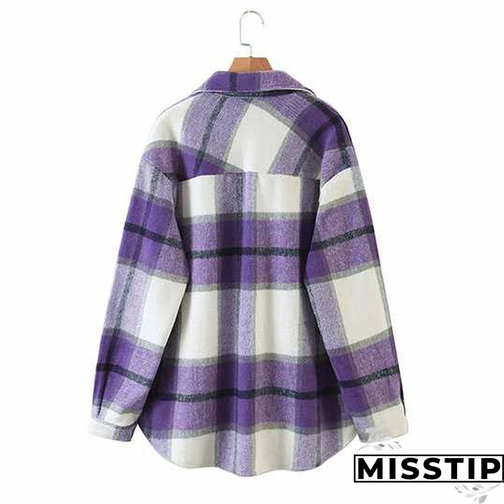 Classic Thick Colorblock Checked Button Down Shirt Jacket Woolen
