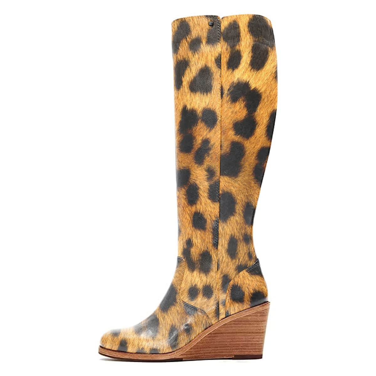 Women's Leopard Print Wedge Heel Side Zipper Knee High Boots Nicepairs