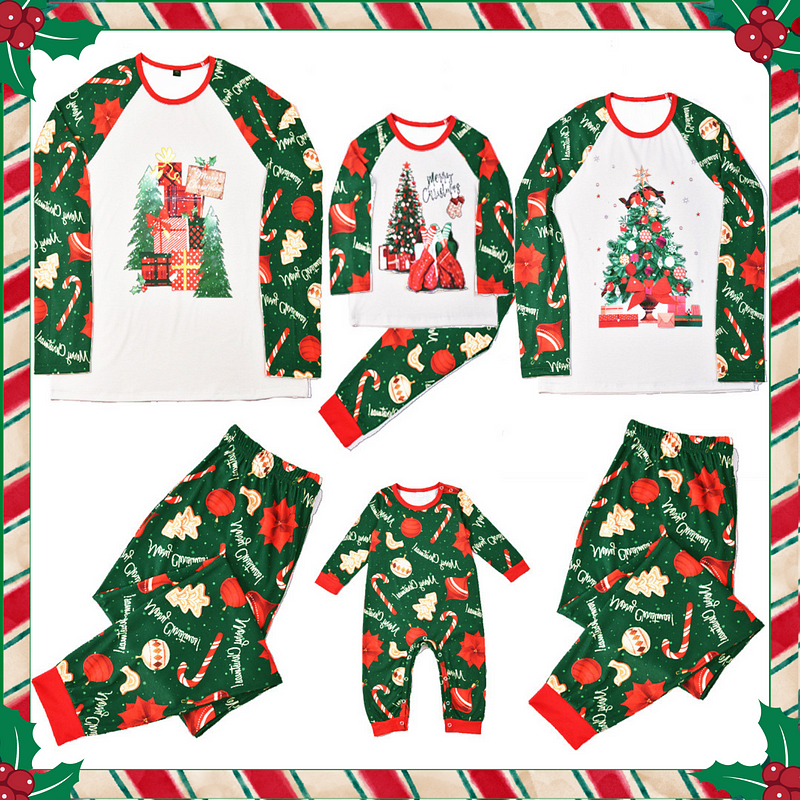 Merry Christmas Dog Print Green Plaid Holiday Matching Pajamas Sets