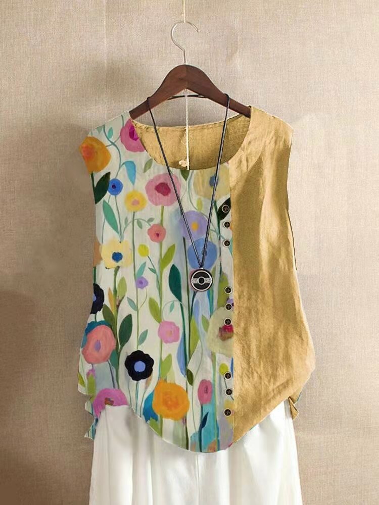 Flower Print Patchwork  Button Sleeveless Tank Top For Women P1829723