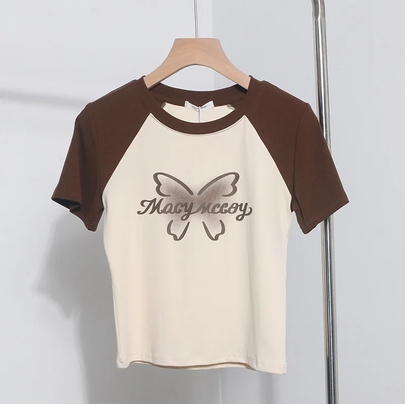 Uveng Retro Printed Short-Sleeved T-Shirt Women's Short-Coln High-Waisted Body Shirt 88899