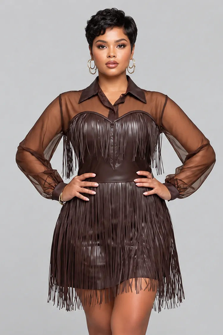 Xpluswear Design Plus Size Party Tulle Brown Shirt Collar Long Sleeve Strappy See Through PU Leather Mini Dresses [Pre-Order] 2024 - Xpluswear