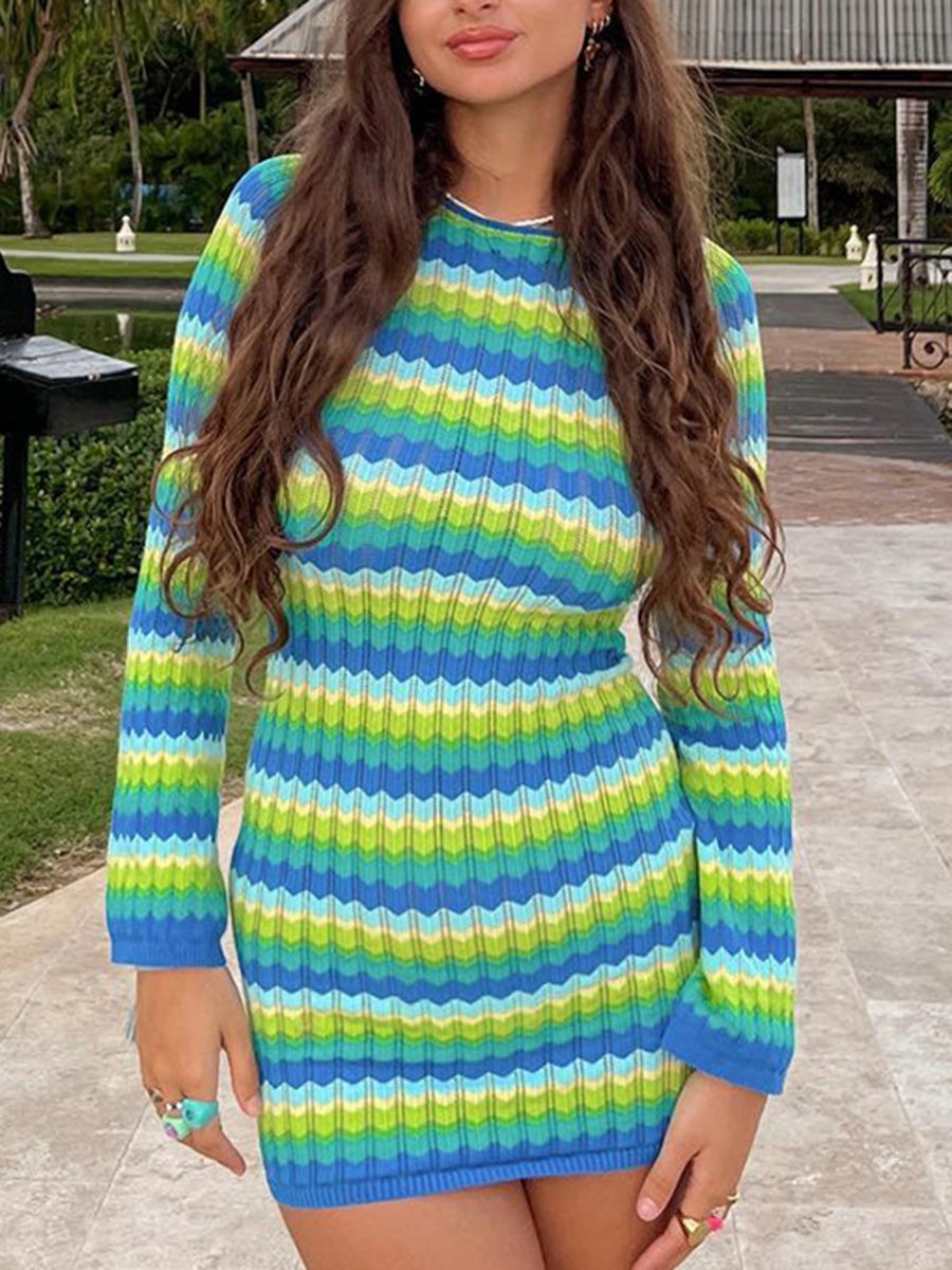 Round Neck Long Sleeve Striped Short Dress