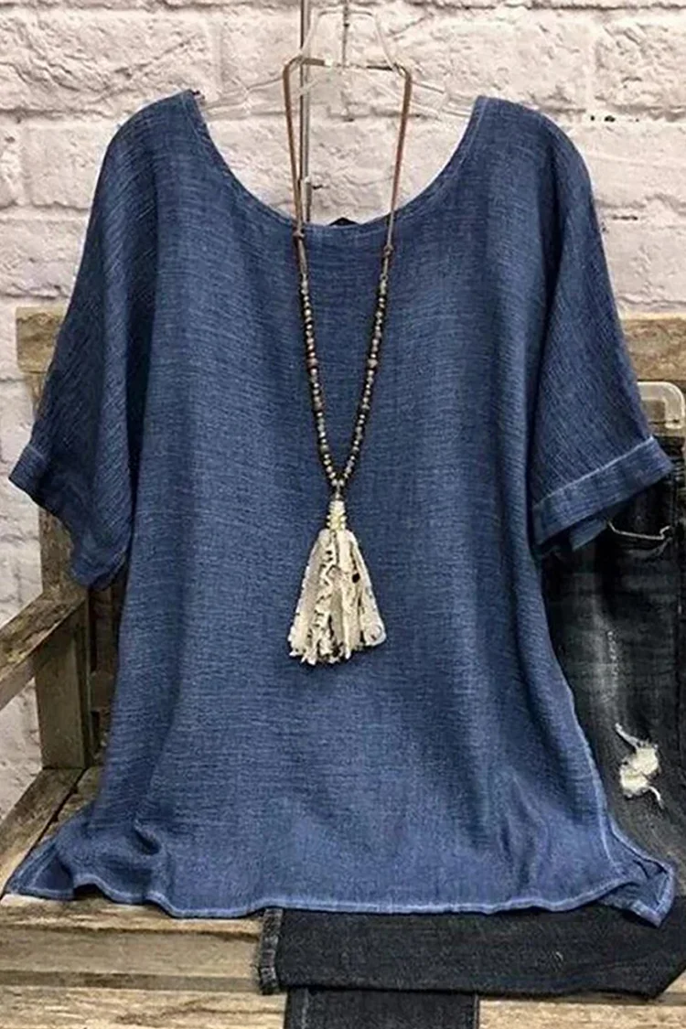Flycurvy Plus Size Casual Navy Blue Linen Solid Color Blouse  Flycurvy [product_label]