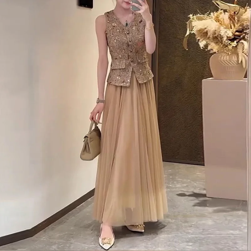 Zingj Small Fragrant Wind Two Sets Of 2025 New Coarse Flowers Vest Suit Jacket High-Waist Net Yarn Half-Body Dress Suit Women's Summer