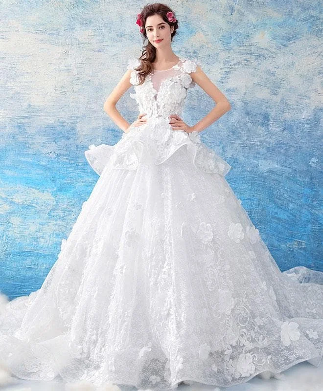 White Round Neck Lace Long Wedding Gown, Lace Wedding Dress