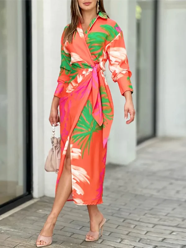 Vacation Shirt Collar Long Sleeve Floral Printed Dress