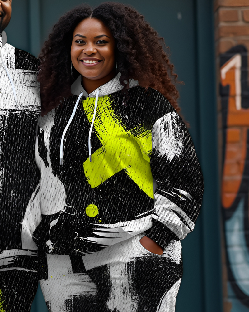 Couple Plus Size Street Gender graffiti Print Hoodie Set