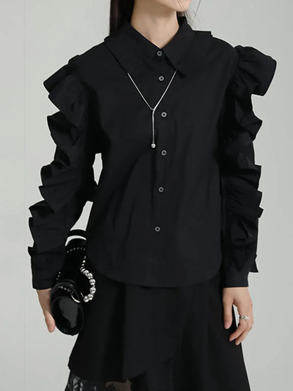 Falbala Pleated Solid Color Long Sleeves Lapel Blouses&shirts Tops