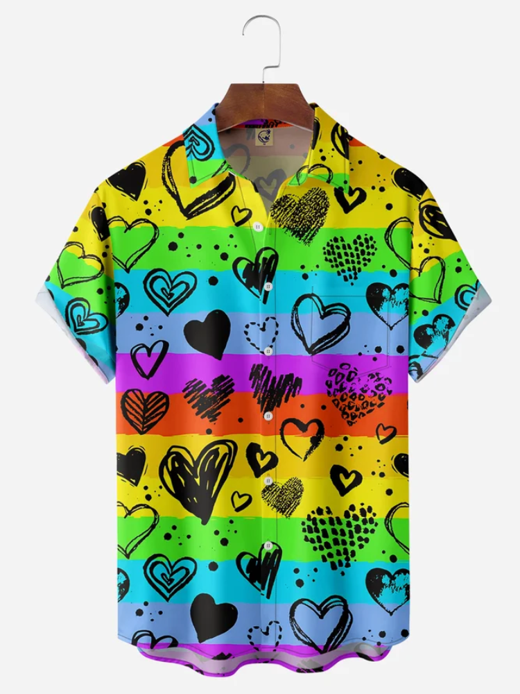 BrosWear LGBT Color Heart Chest Pocket Short Sleeve Casual Shirt