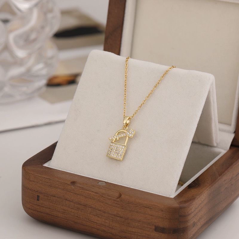 Lock and key zirconia gold plated necklace