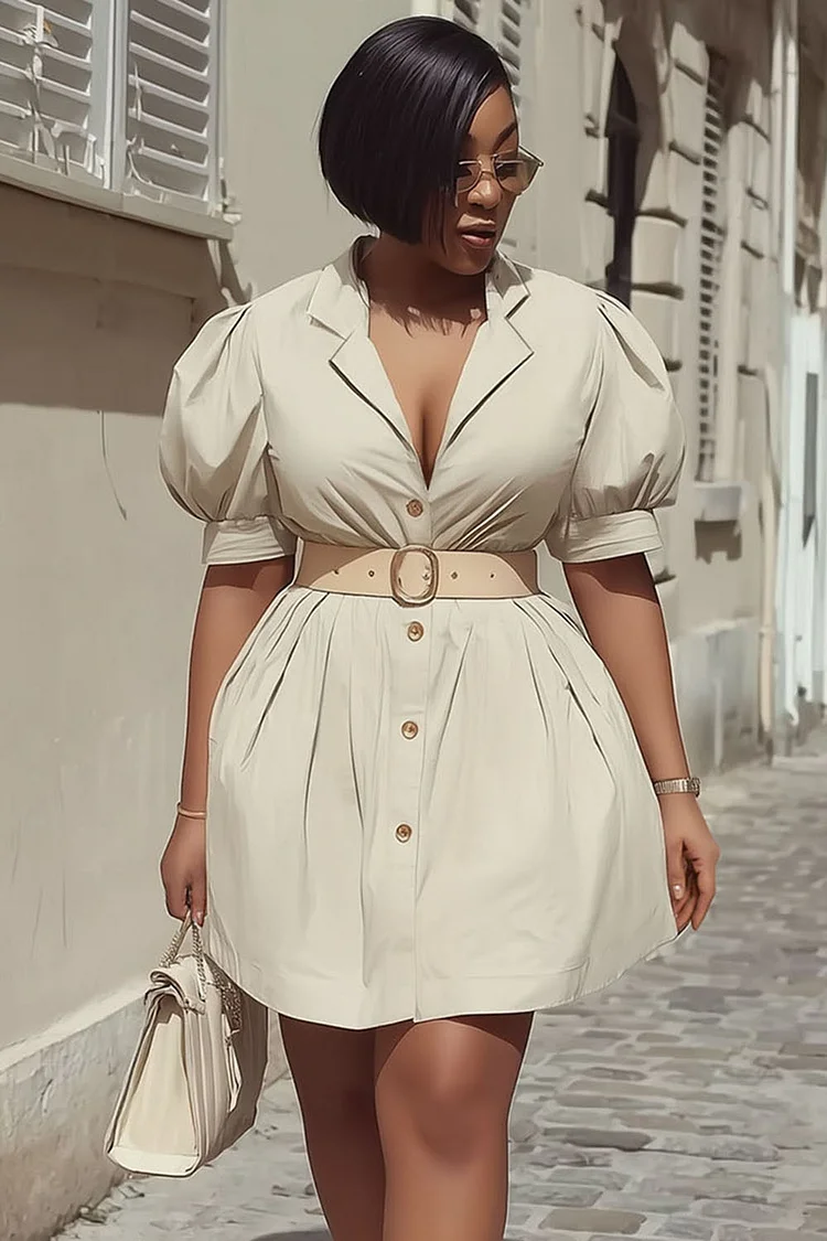 Lapel Collar Puff Sleeve Button Up Daily Mini Dresses-Beige [Pre Order]
