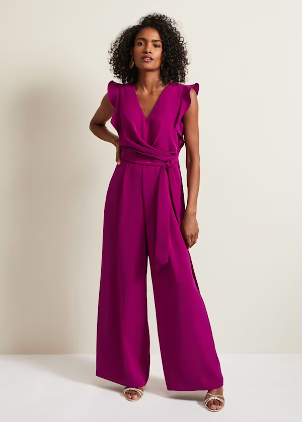 Lvs&Broner Charming Fuchsia V Neck Sleeveless High Waist Long Wid-Leg Jumpsuit with Ties