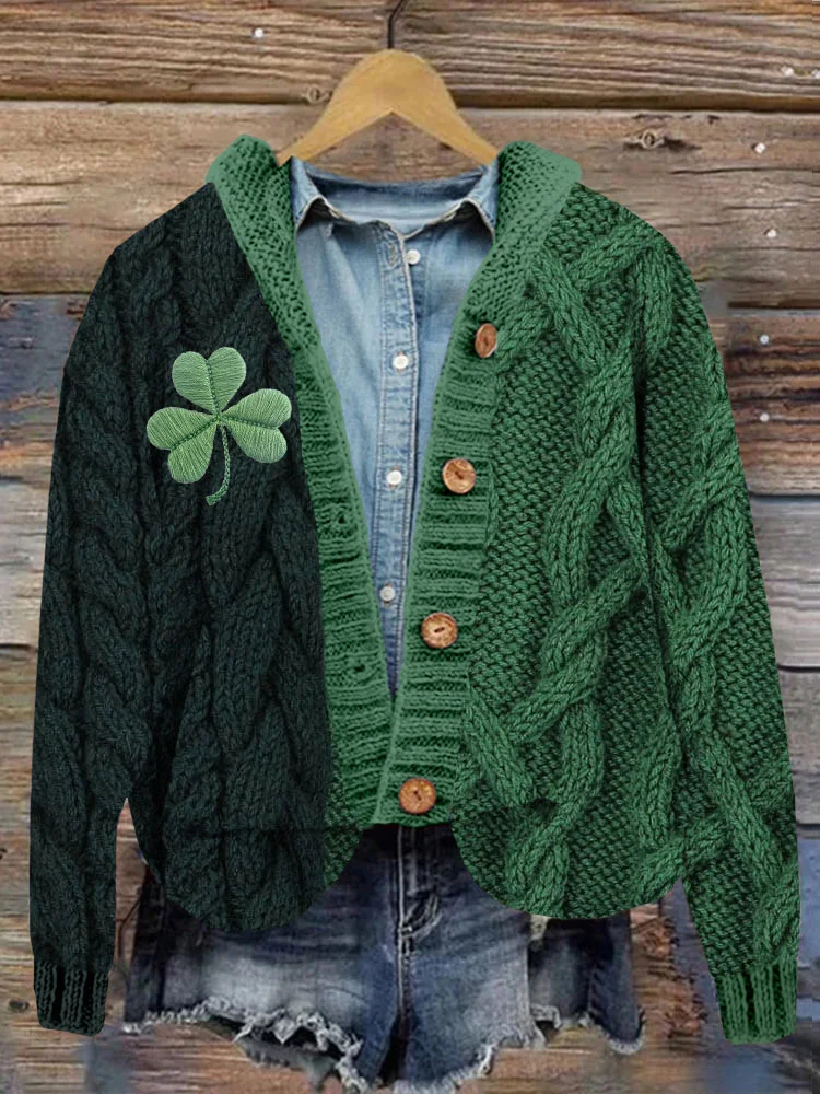 Irish Shamrock Embroidered Jacquard Cozy Hooded Cardigan