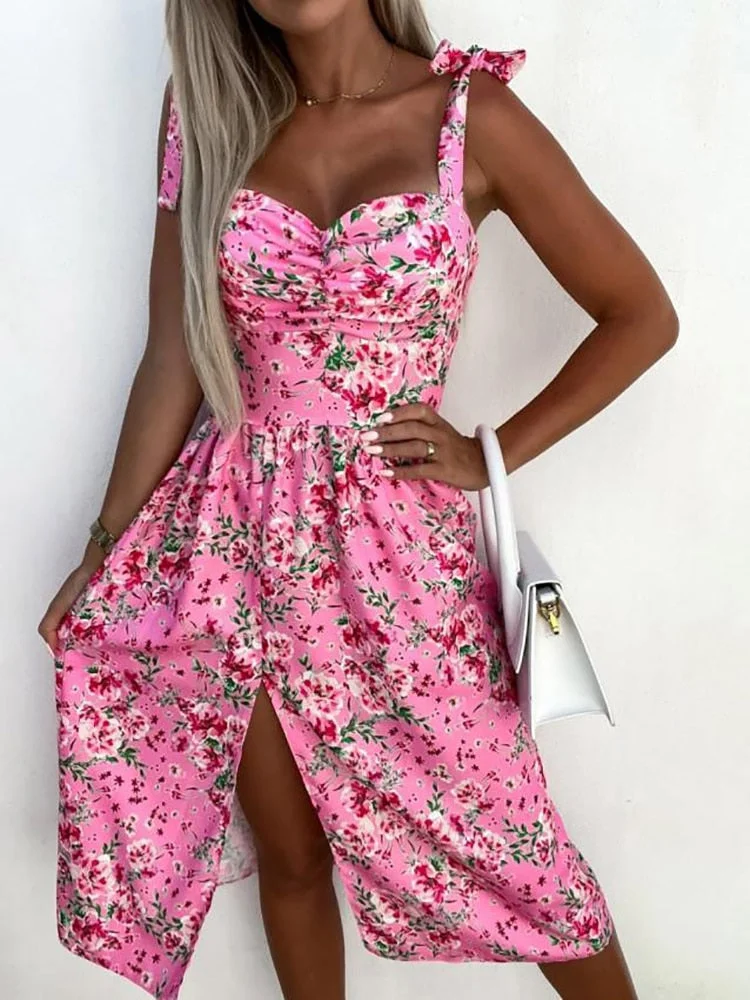 2022 Summer Sleeveless Slim Party Dress Women Vintage Print   High Waist Backless Dress Elegant Lady V Neck Split Dress Vestidos