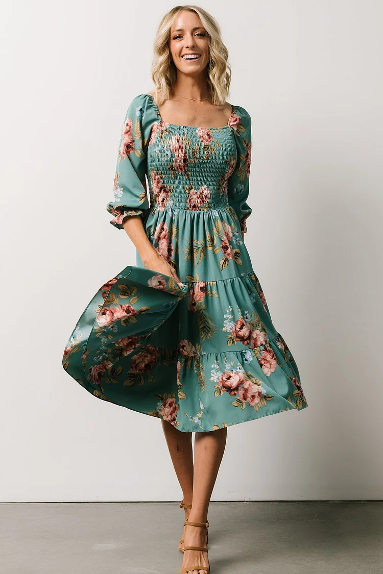 Marta Smocked Midi Dress | Persian Green Floral