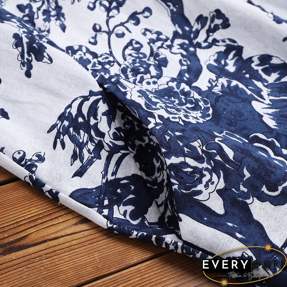 Womens Fashion Casual Cotton Top Autumn Floral Print Neck Sleeve Baggy Retro Shirt Blouse