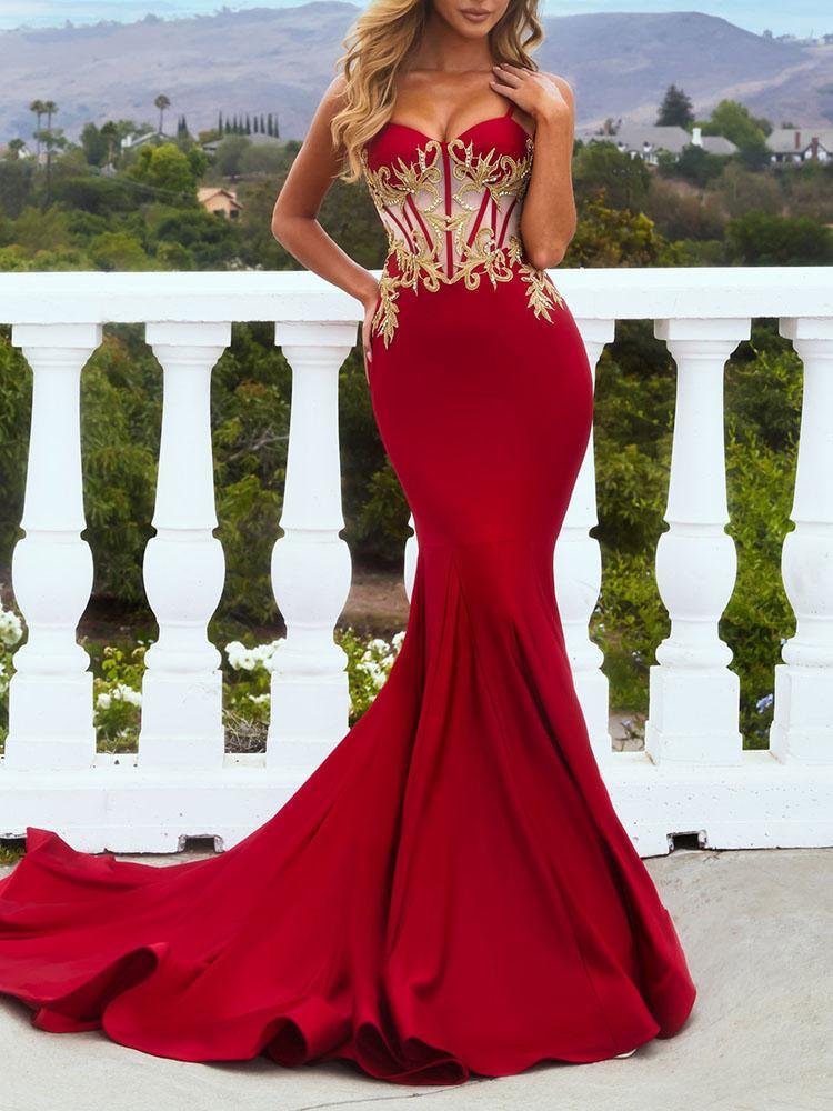 Zachics Spaghetti strapless red mermaid maxi evening dress-zachics