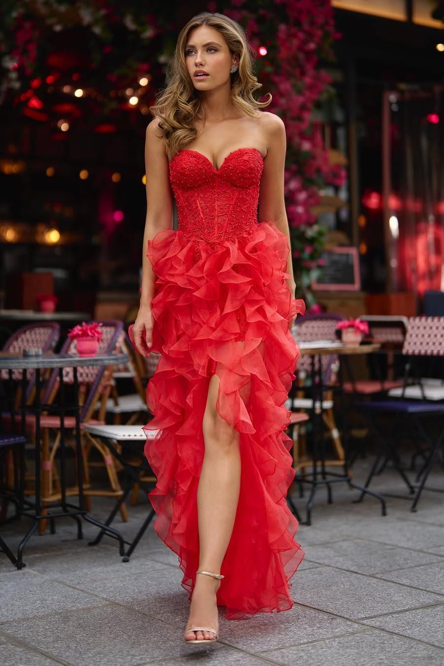 Miabel Stunning Red Sweetheart Strapless Sleeveless Split Ruffles Prom Dress with Beadings 