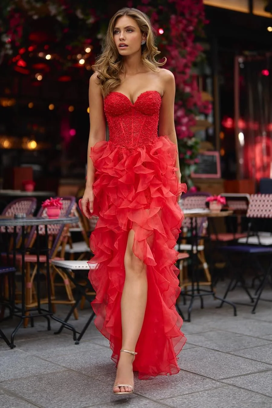 Miabel Stunning Red Sweetheart Strapless Sleeveless Split Ruffles Prom Dress with Beadings 