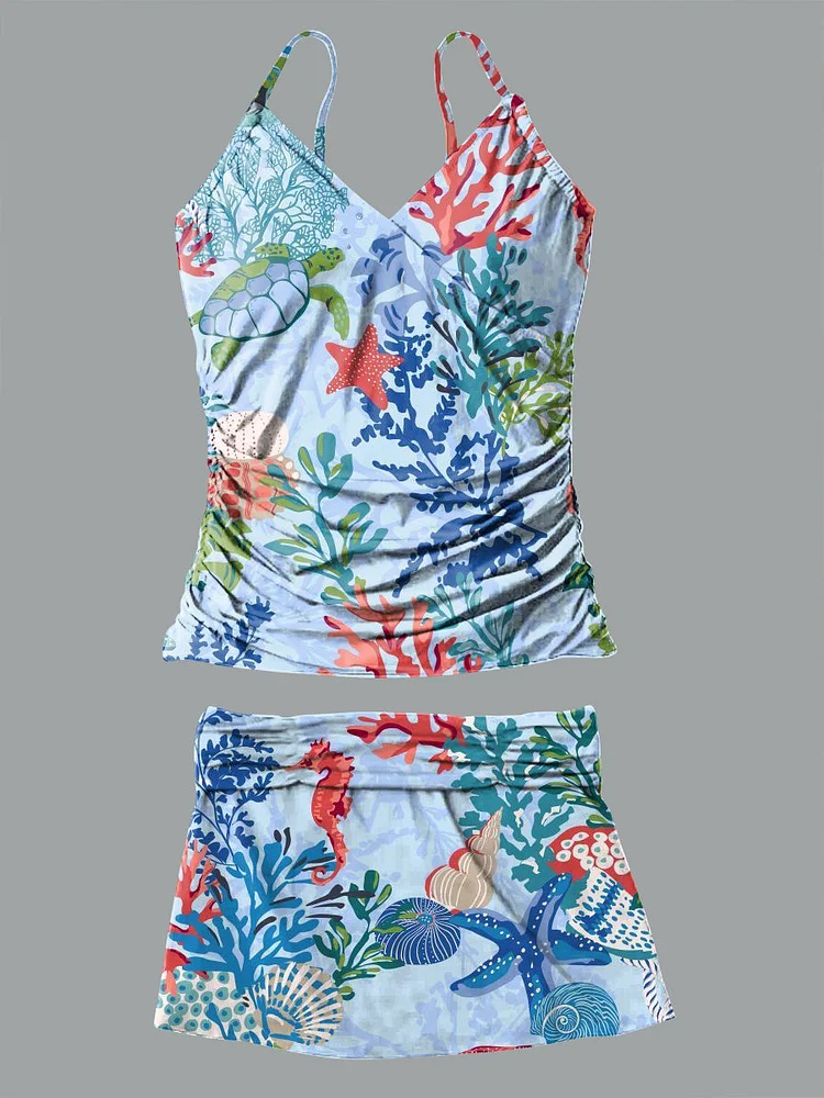 Coral Seahorse Ocean Pattern Print Suspender Skirt Bikini V Neck Set Swimsuit