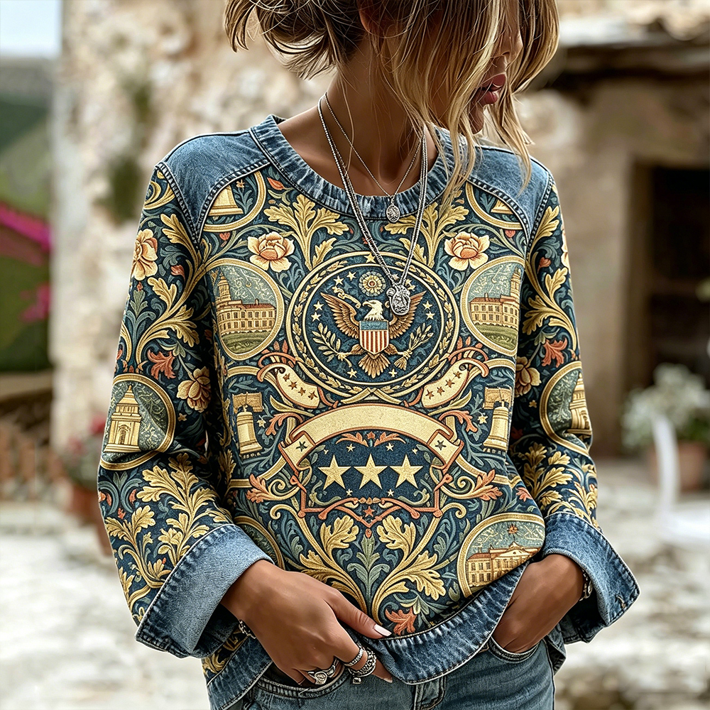  Retro American Independence Day Commemorative Floral Print Faux Denim Cotton Linen Long Sleeve Top Westsshops