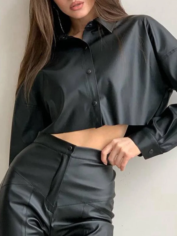 Buttoned Solid Color Long Sleeves Loose Lapel Blouses&Shirts Tops