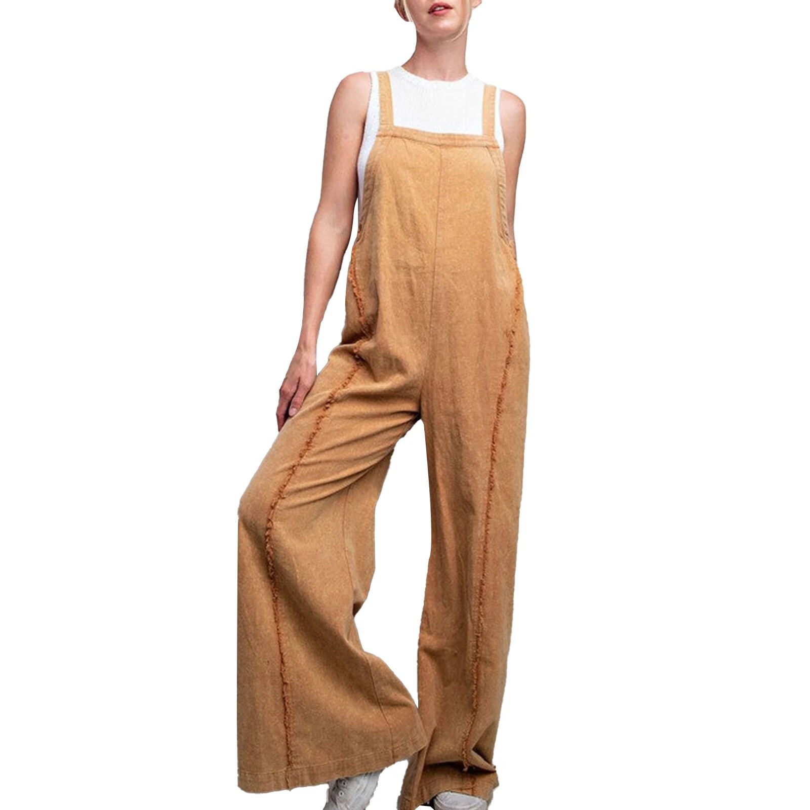 Elinlin Combhasaki Women's Y2K Vintage Denim Overalls Loose Fit Washed Raw Trim Square Neck Open Back Sleeveless Wide Leg Jeans Jumpsuit