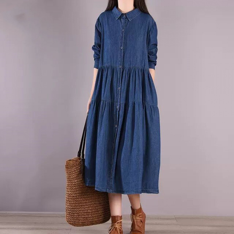 Loose Pleated Denim Long Sleeve Lapel Midi Dress