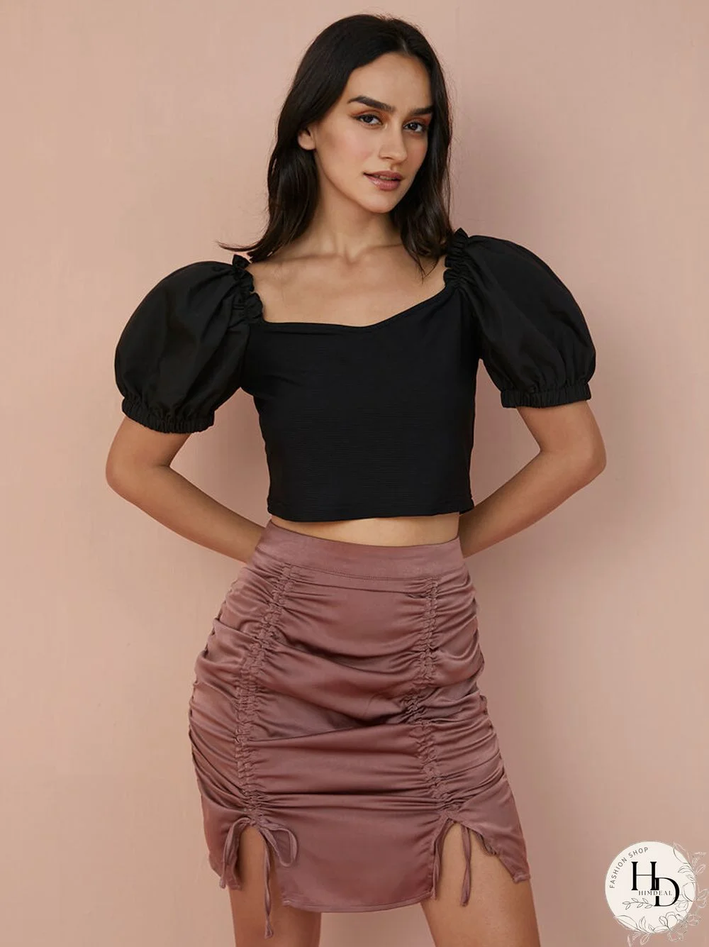 Solid Puff Sleeve Square Collar Crop Top For Women