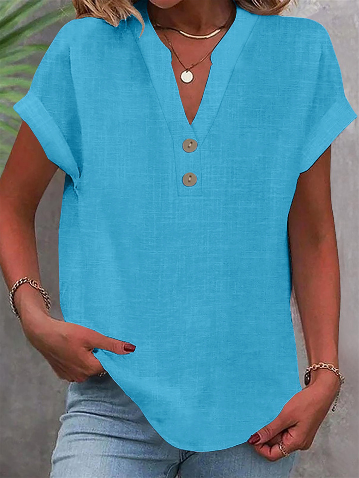 Summer Solid-Color Stand-Up Collar Button-Down Short-Sleeve Women's Shirt-JRSEE