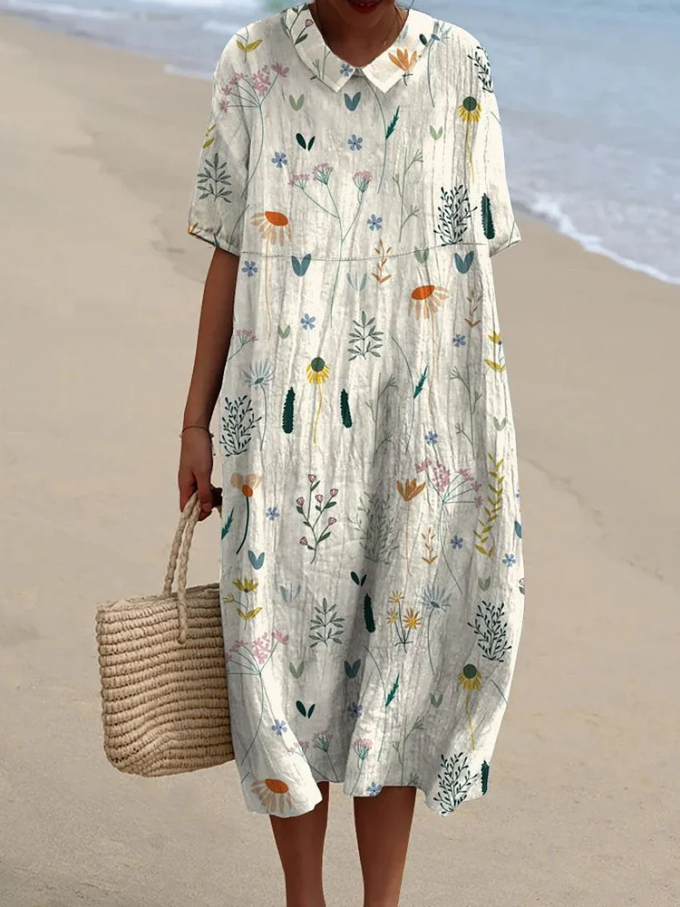 Women's 2024 Summer Holiday Dresses Floral Print Crew-Neck Midi Beach Dress