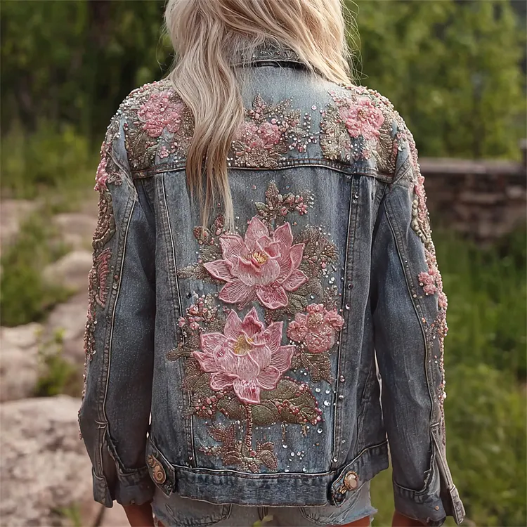 Bohemian Lotus Sequins Embroidered Vintage Women's Denim Jacket