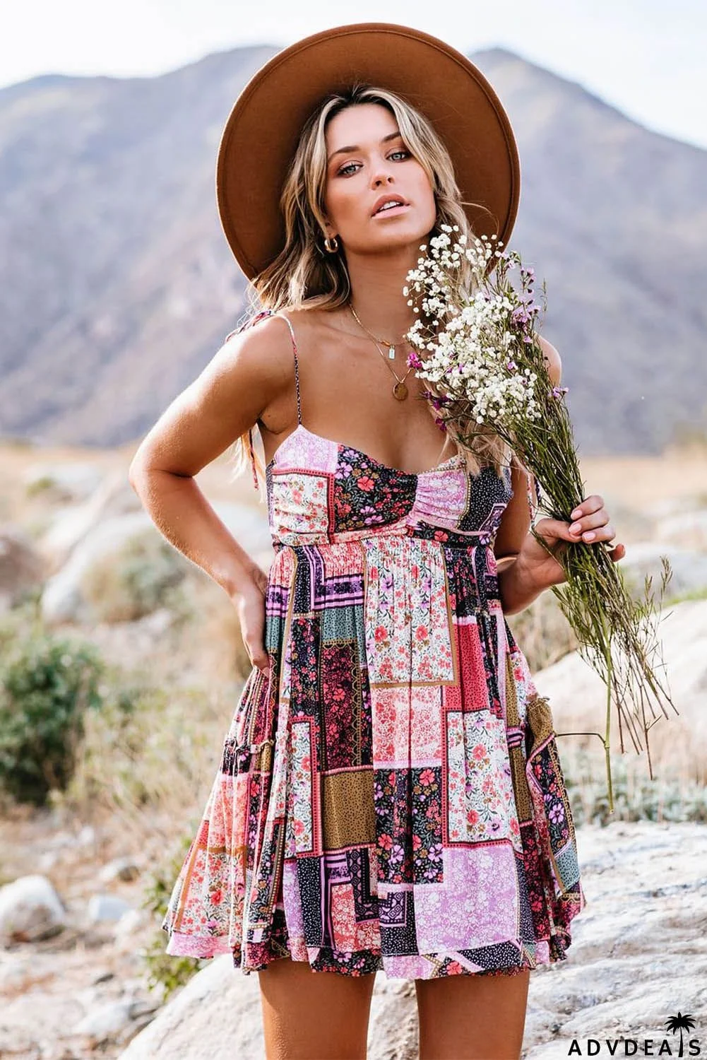 Spaghetti Straps Floral Patchwork Flare Mini Dress